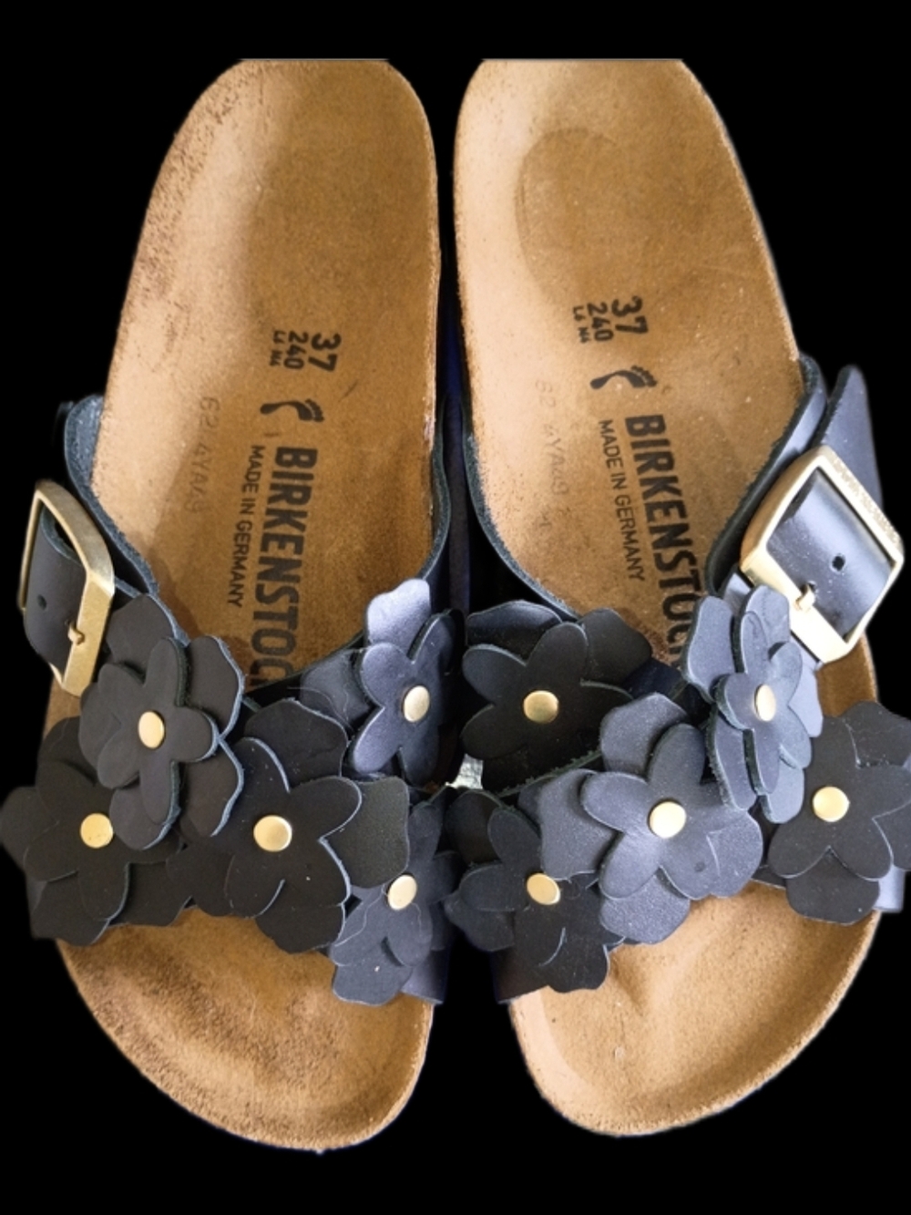 Birkenstock Sienna Floral Leather Slide Sandals in Black